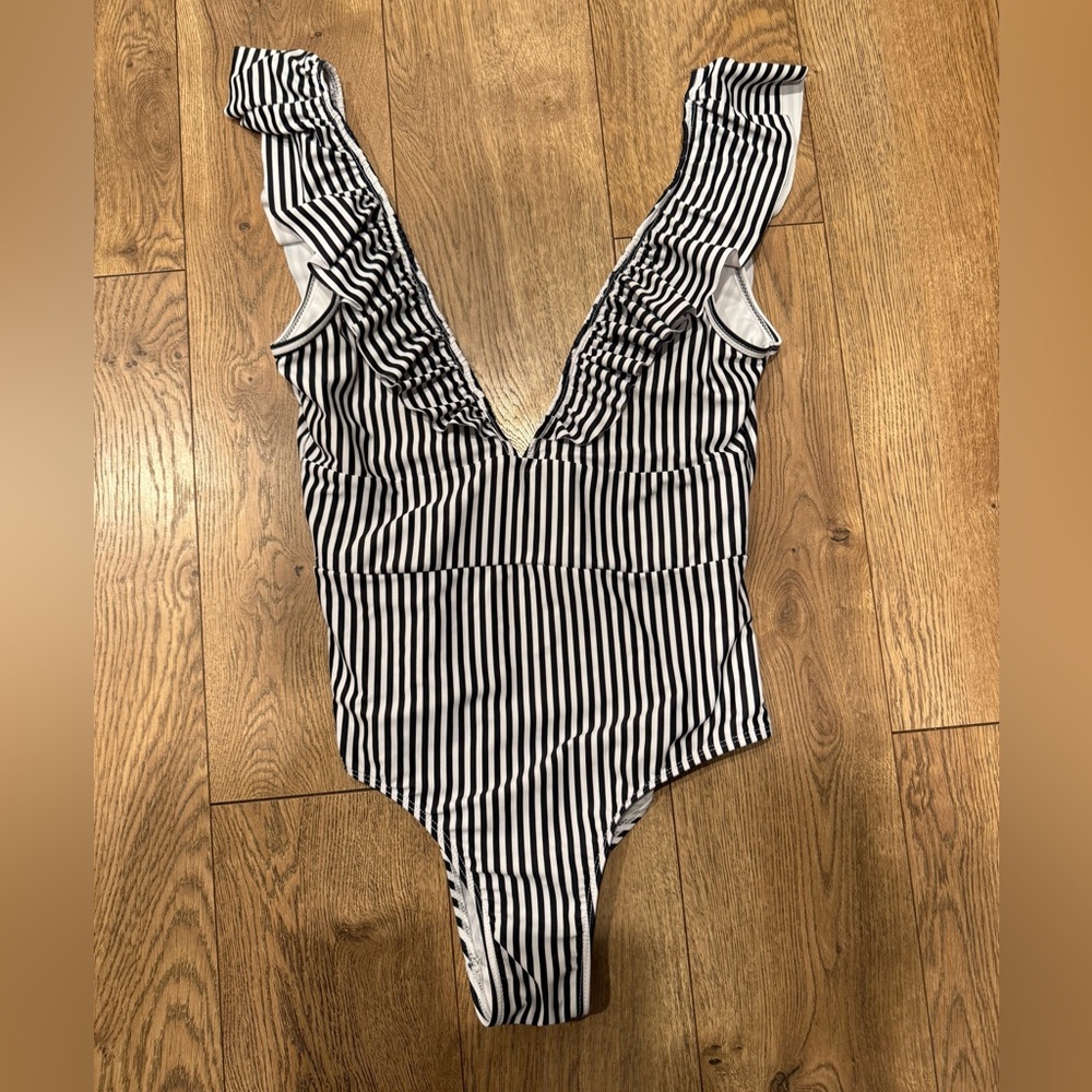 Striped Navy and White One Piece Ruffled Swimsuit